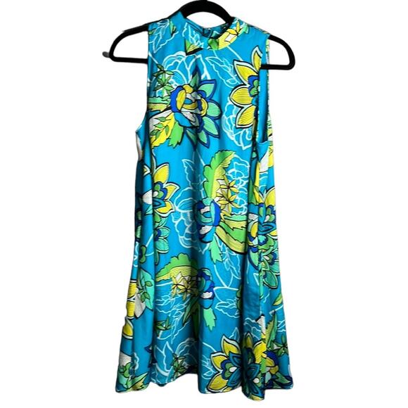 Kaari Blue Colorful Floral High Neck Sleeveless Swing Dress Size Medium - Picture 1 of 10